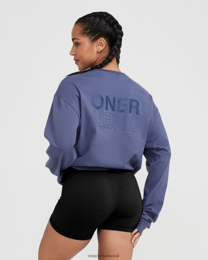 roupas br Oner Active blusa de manga comprida oversized com gráfico de espelho clássico ardósia lavada azul 8488X2505