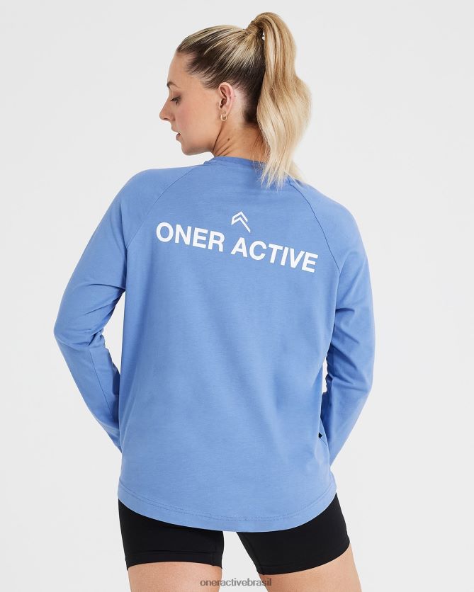 roupas br Oner Active camiseta gráfica oversized manga longa jeans claro lavado 8488X2548